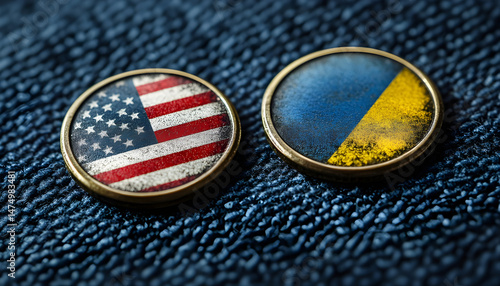 Obraz na płótnie Badges of United States and Ukraine resting on textured blue surface, representing solidarity. Close-up of two badges displaying flags of United States and Ukraine, set against textured blue backdrop w salonie