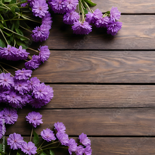 High angle shot of wooden surface with copy space near purple flowers
