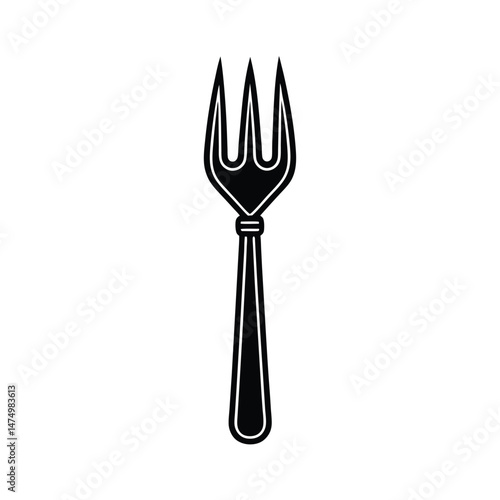 A simple black and white silhouette of a modern fork for food and restaurant related concepts