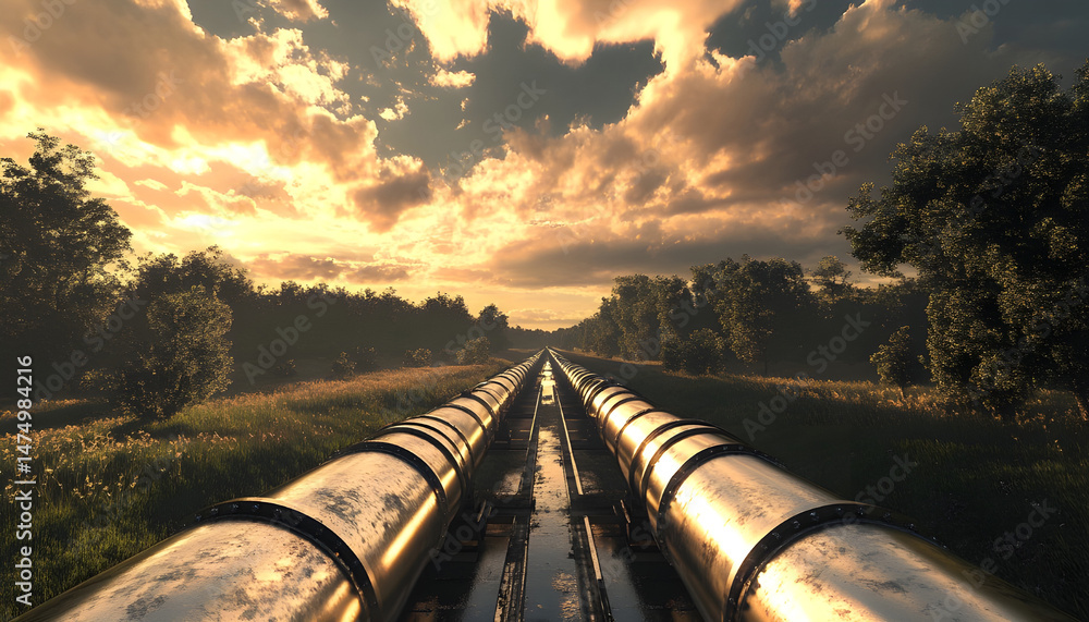 A sprawling industrial complex featuring extensive pipelines against a dramatic cloudy sky. Dramatic view of an industrial plant with long pipelines extending across the landscape under a cloudy sky