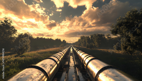Obraz na płótnie A sprawling industrial complex featuring extensive pipelines against a dramatic cloudy sky. Dramatic view of an industrial plant with long pipelines extending across the landscape under a cloudy sky w salonie