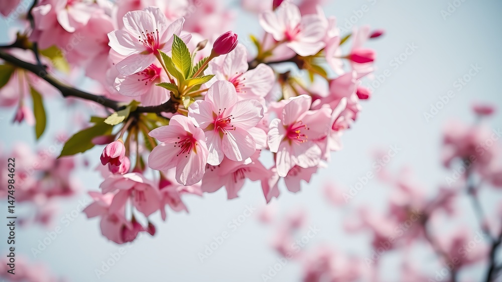Delicate pink cherry blossoms in full bloom adorn a branch against a softly blurred sky showcasing sptime beauty. Delicate pink cherry blossoms in full bloom adorn a branch against a softly blurred sky showcasing sptime beauty.