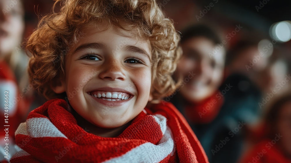 A cheerful child with a bright smile captured in a vibrant sporting event atmosphere, reflecting joy, community spirit, and the enthusiasm of fans. A cheerful child with a bright smile captured in a vibrant sporting event atmosphere, reflecting joy, community spirit, and the enthusiasm of fans.