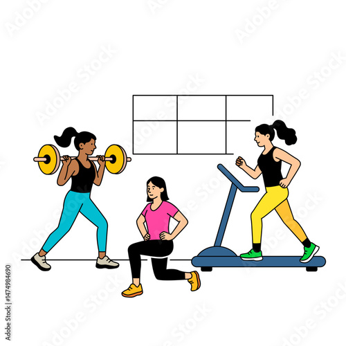 Sportswomen girls training in the gym. Lifting barbells and dumbbells, running on a treadmill, stretching. flat vector linear illustration