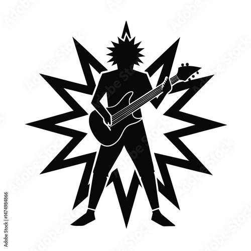 Silhouette of a rock musician playing electric guitar with burst background in black and white style