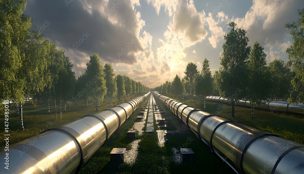 A sprawling industrial complex featuring extensive pipelines against a dramatic cloudy sky. Dramatic view of an industrial plant with long pipelines extending across the landscape under a cloudy sky