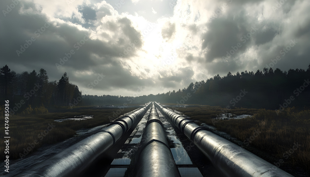 A sprawling industrial complex featuring extensive pipelines against a dramatic cloudy sky. Dramatic view of an industrial plant with long pipelines extending across the landscape under a cloudy sky