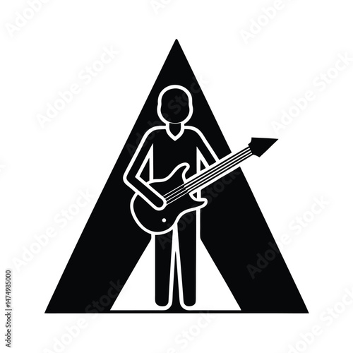 Abstract illustration of a musician playing an electric guitar inside a simple black triangle shape on white background