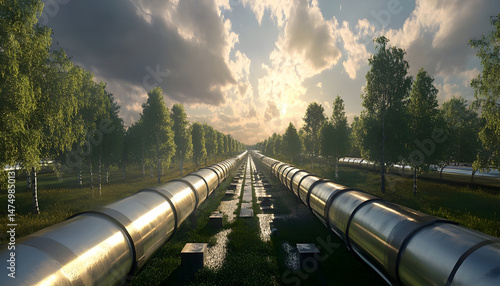 Obraz na płótnie A sprawling industrial complex featuring extensive pipelines against a dramatic cloudy sky. Dramatic view of an industrial plant with long pipelines extending across the landscape under a cloudy sky w salonie