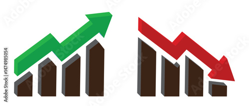 Vector graphic icon of green up and red down arrows in 3d style. Symbol of growth, decline and more. Vector illustration