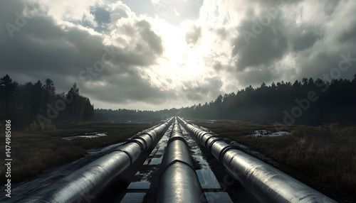 Obraz na płótnie A sprawling industrial complex featuring extensive pipelines against a dramatic cloudy sky. Dramatic view of an industrial plant with long pipelines extending across the landscape under a cloudy sky w salonie