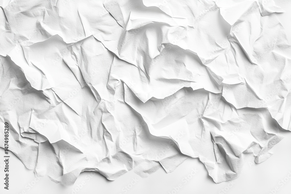 Crumpled white paper texture. Abstract background of tightly folded, uneven paper sheets in various shapes and sizes. A smooth and slightly glossy surface with light shadows Crumpled white paper texture. Abstract background of tightly folded, uneven paper sheets in various shapes and sizes. A smooth and slightly glossy surface with light shadows