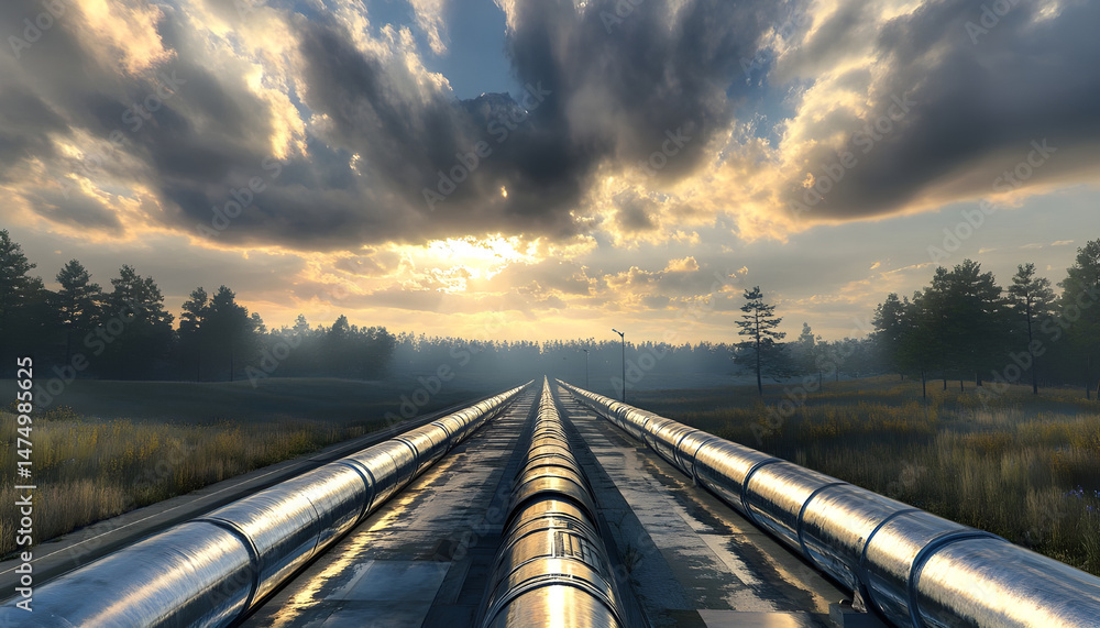 A sprawling industrial complex featuring extensive pipelines against a dramatic cloudy sky. Dramatic view of an industrial plant with long pipelines extending across the landscape under a cloudy sky