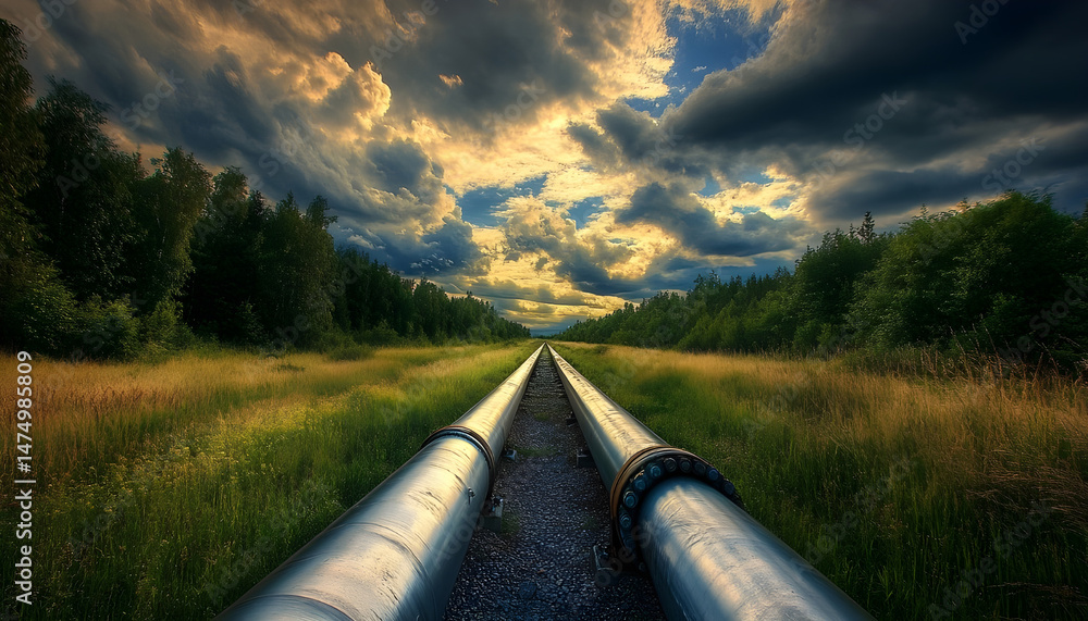 A sprawling industrial complex featuring extensive pipelines against a dramatic cloudy sky. Dramatic view of an industrial plant with long pipelines extending across the landscape under a cloudy sky