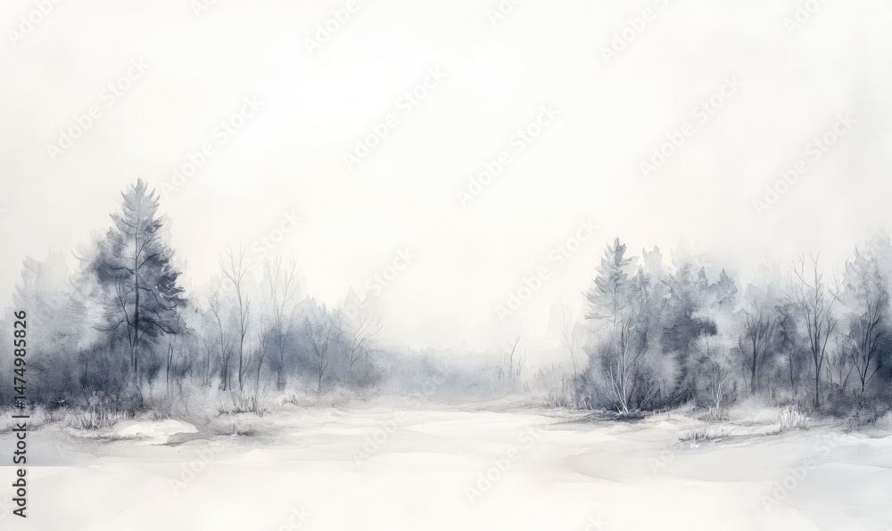 A serene winter landscape painting, featuring a vast expanse of snow-covered ground, and dark, muted trees in the distance, bathed in a soft, light gray-blue hue A serene winter landscape painting, featuring a vast expanse of snow-covered ground, and dark, muted trees in the distance, bathed in a soft, light gray-blue hue