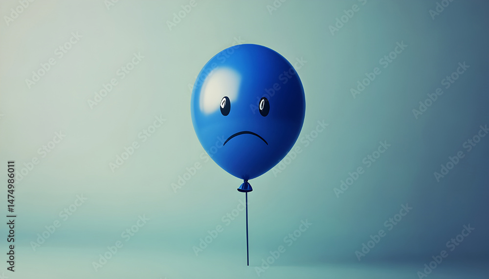 A balloon with a sad face against a blue background
