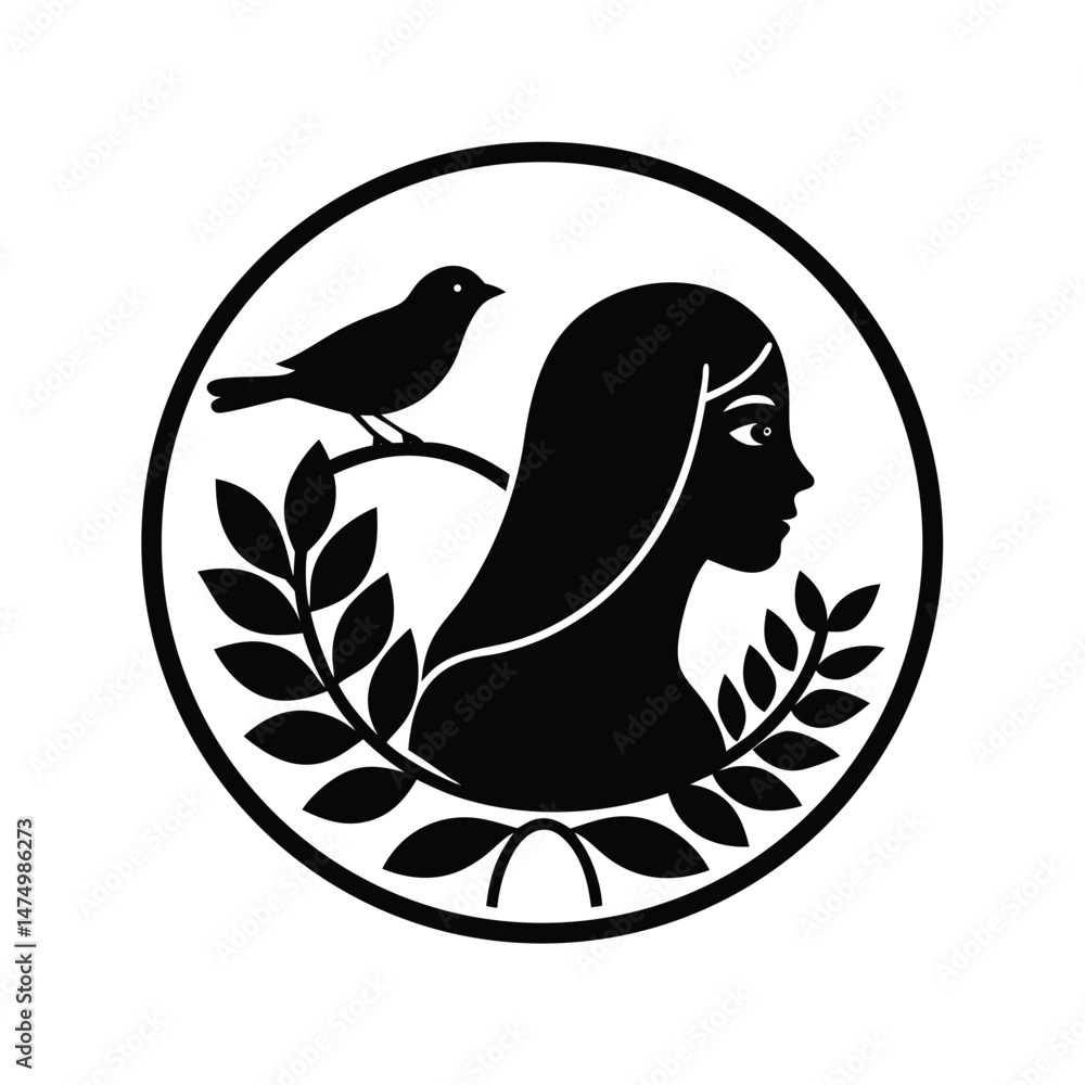 Obraz premium Elegant black and white vector illustration featuring a bird woman silhouette in a circular design