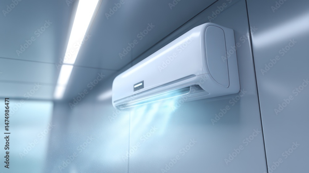 Modern wall air conditioner blowing cool clean air with steam Modern wall air conditioner blowing cool clean air with steam