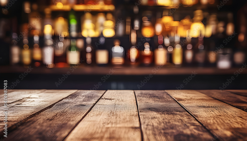 Wooden bar counter with illuminated bottles on shelves in the background