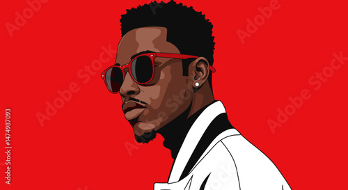 Fashionable man wearing sunglasses posing confidently against red background