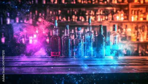 Wooden bar counter with illuminated bottles on shelves in the background