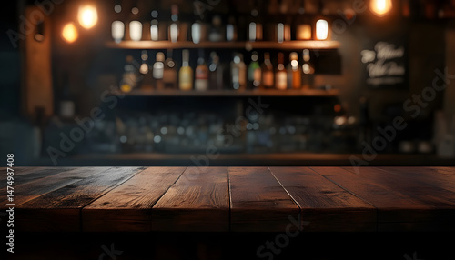 Wooden bar counter with illuminated bottles on shelves in the background
