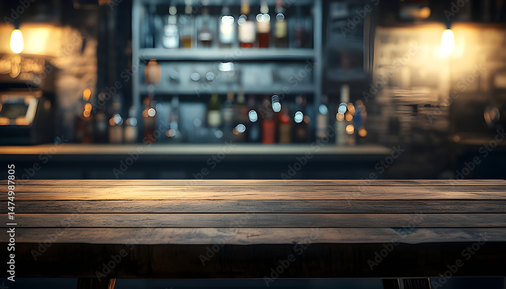 Wooden bar counter with illuminated bottles on shelves in the background