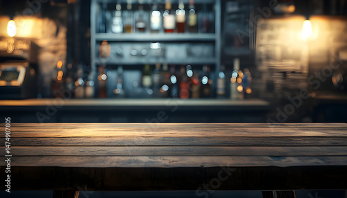 Obraz na płótnie Wooden bar counter with illuminated bottles on shelves in the background w salonie