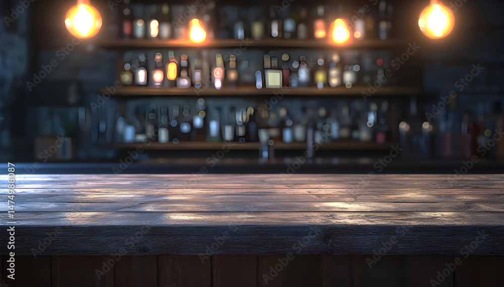 Wooden bar counter with illuminated bottles on shelves in the background