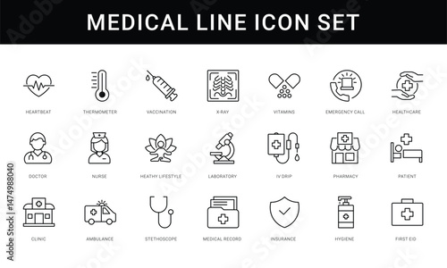 Thin line vector icon set - Medicine and Health symbols. Black and White simple set. editable stroke, outline icons