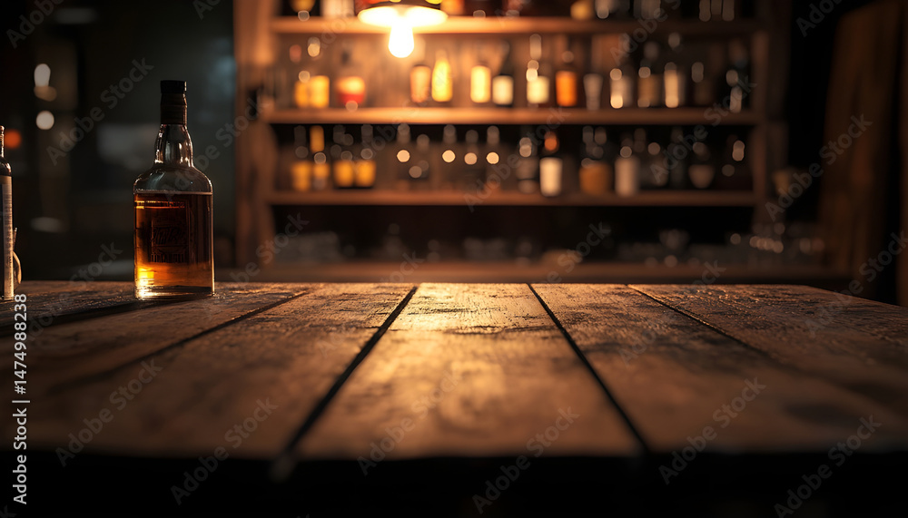 Wooden bar counter with illuminated bottles on shelves in the background