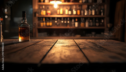 Obraz na płótnie Wooden bar counter with illuminated bottles on shelves in the background w salonie