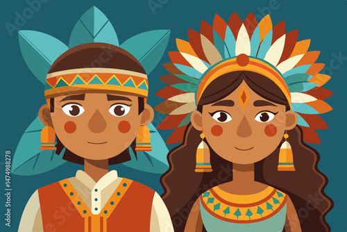 Native American Couple in Traditional Clothing and Headdress