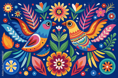Vibrant Folk Art Birds and Flowers Design Illustration