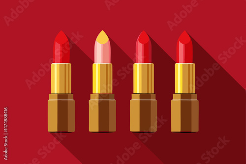 Four Lipstick Tubes in Red and Gold on Red Background