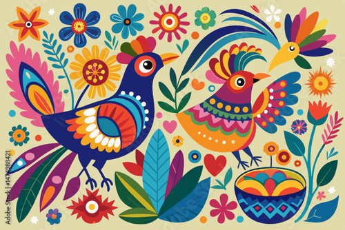 Vibrant Folk Art Birds and Flowers Design Illustration
