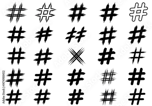 Collection of hashtag symbols in various styles for social media and design elements for your project needs on transparent background silhouette


