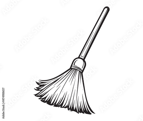 Simple broom design - rustic household art. Broom outline vector