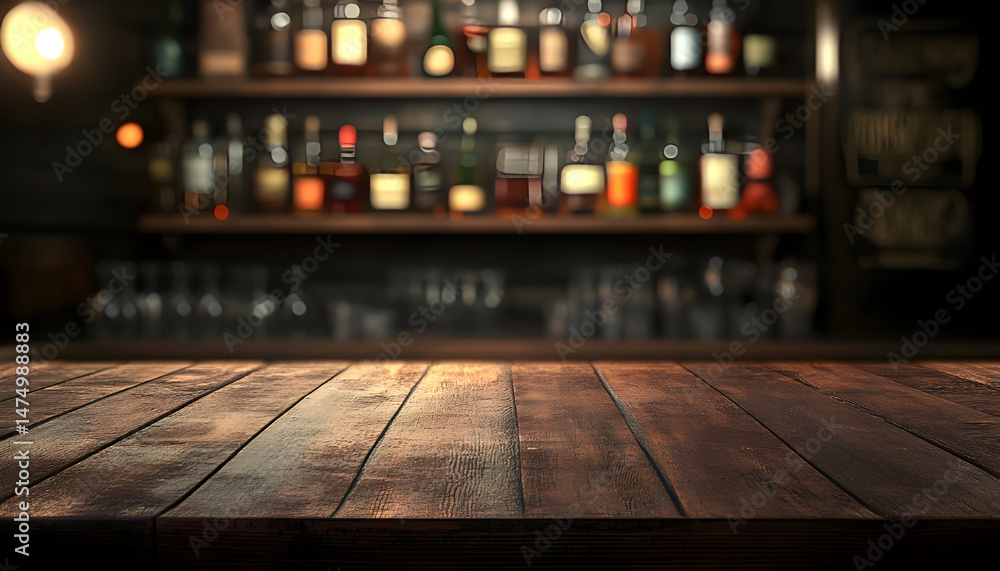 Wooden bar counter with illuminated bottles on shelves in the background