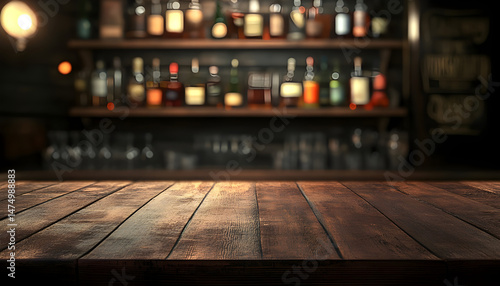 Wooden bar counter with illuminated bottles on shelves in the background