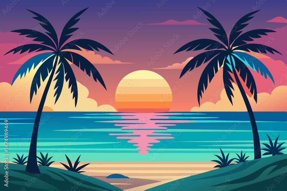 Obraz premium Tranquil Sunset Beach Scene with Two Palm Trees