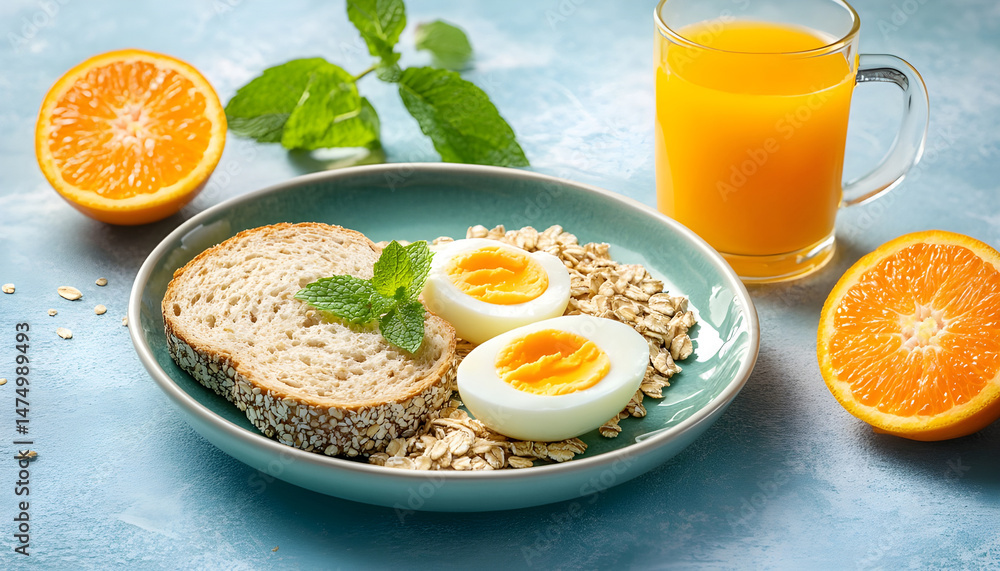 A healthy breakfast arrangement features sliced oranges, eggs, oatmeal, toast, and orange juice on a plate, vibrant and fresh