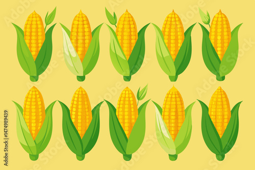 Ten Cartoon Corn Cobs with Husks and Leaves Illustration