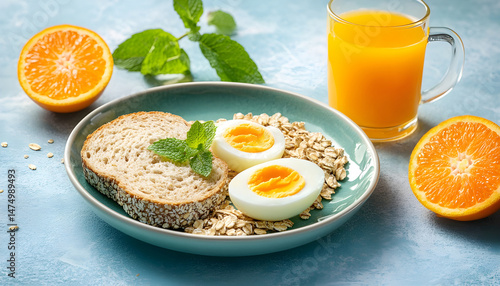 Obraz na płótnie A healthy breakfast arrangement features sliced oranges, eggs, oatmeal, toast, and orange juice on a plate, vibrant and fresh w salonie