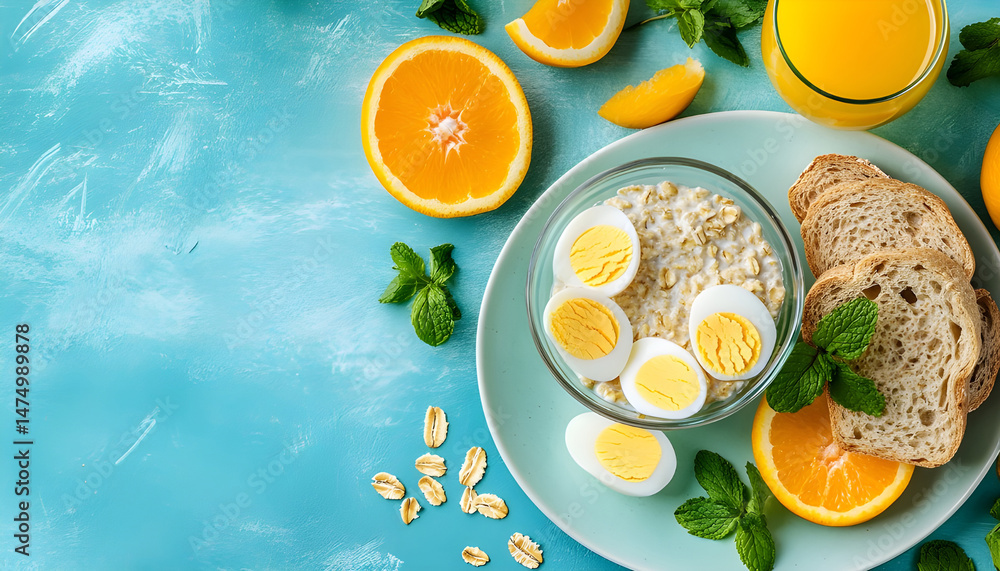 A healthy breakfast arrangement features sliced oranges, eggs, oatmeal, toast, and orange juice on a plate, vibrant and fresh