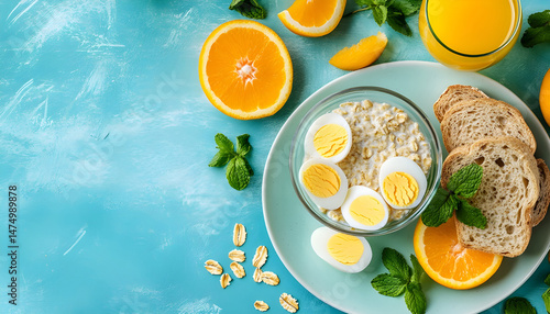 Obraz na płótnie A healthy breakfast arrangement features sliced oranges, eggs, oatmeal, toast, and orange juice on a plate, vibrant and fresh w salonie