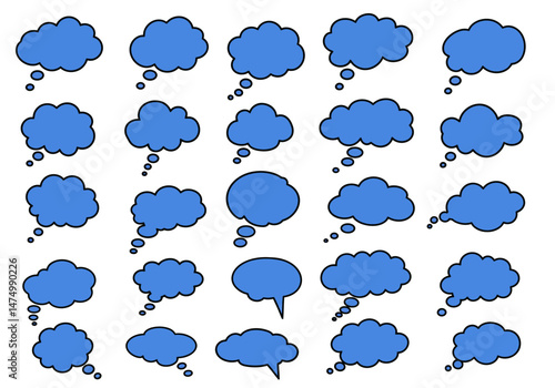 Vector blue thought bubble cloud collection speech balloon illustration graphic design elements set idea on transparent background silhouette


