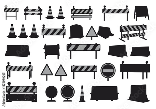 Road construction safety equipment vector set traffic cones barriers signs for construction site management on transparent background silhouette


