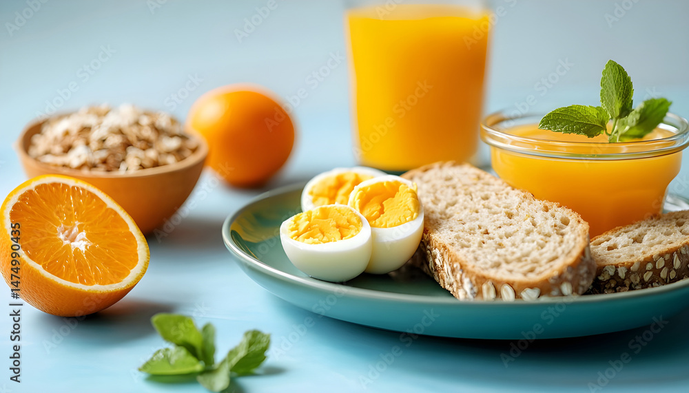 A healthy breakfast arrangement features sliced oranges, eggs, oatmeal, toast, and orange juice on a plate, vibrant and fresh
