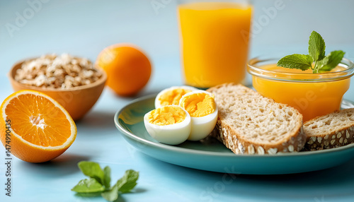 Obraz na płótnie A healthy breakfast arrangement features sliced oranges, eggs, oatmeal, toast, and orange juice on a plate, vibrant and fresh w salonie